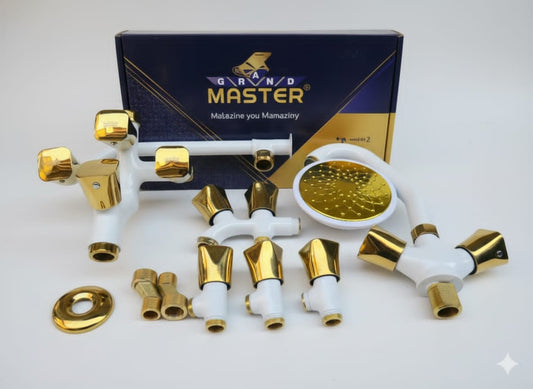 Grand Master Golden & White Complete Bathroom Set – Luxury Brass Fittings | 7 Pcs | Premium Finish