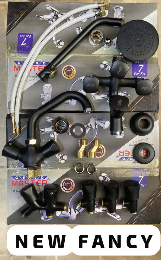 Grand Master Matte Black Complete Bathroom Set – 7 Pcs | Solid Brass Body | 5 Years Warranty | Luxury Modern Fittings